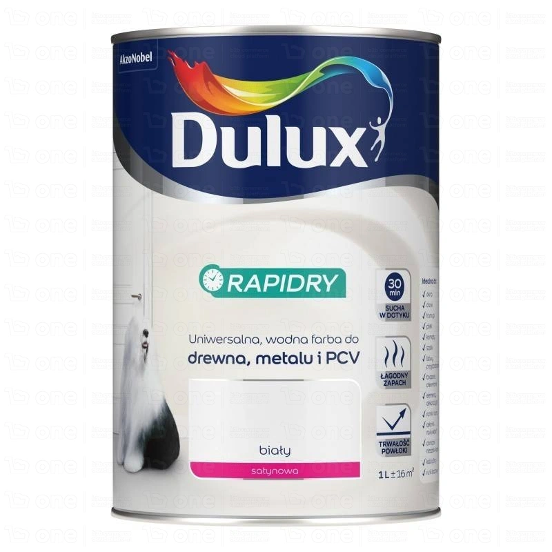 Farba akrylowa Dulux Rapidry do drewna, metalu i PCV biała satyna 1 l