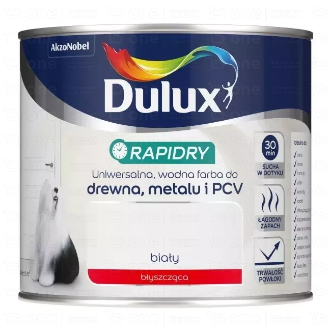 Farba akrylowa Dulux Rapidry do drewna, metalu i PCV biała błyszcząca połysk 0,4 l