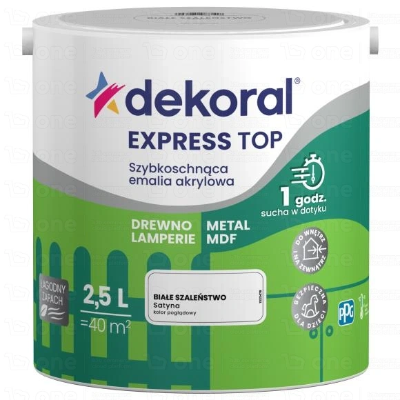 Emalia akrylowa Dekoral Express Top Szybkoschnąca do drewna i metalu białe szaleństwo satyna 2,5 l